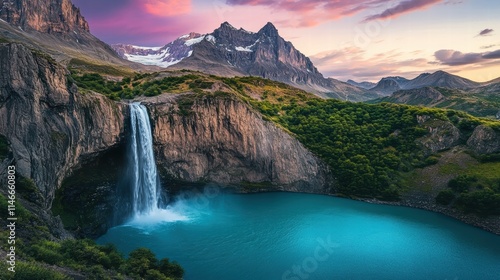majestic waterfall cascading into turquoise lake at sunset