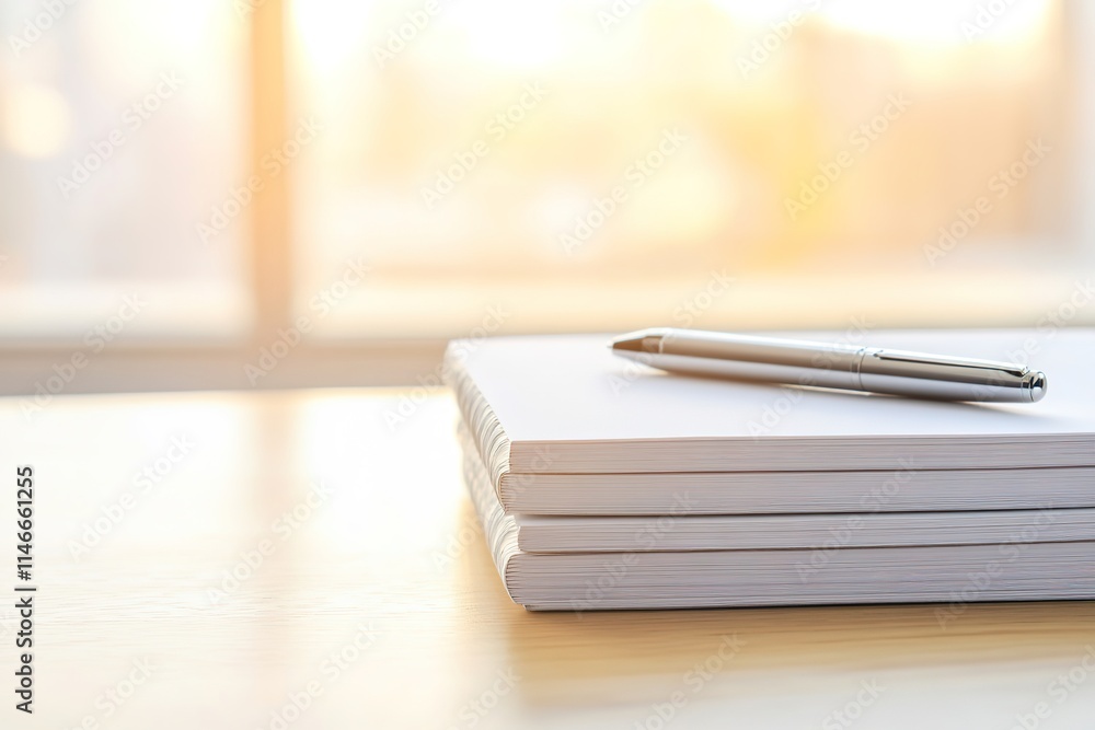 Stack of blank books on desk by window, sunlight Stack of blank books on desk by window, sunlight
