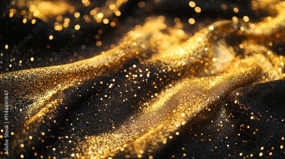 Golden glitter on dark fabric, sparkling texture. Golden glitter on dark fabric, sparkling texture.