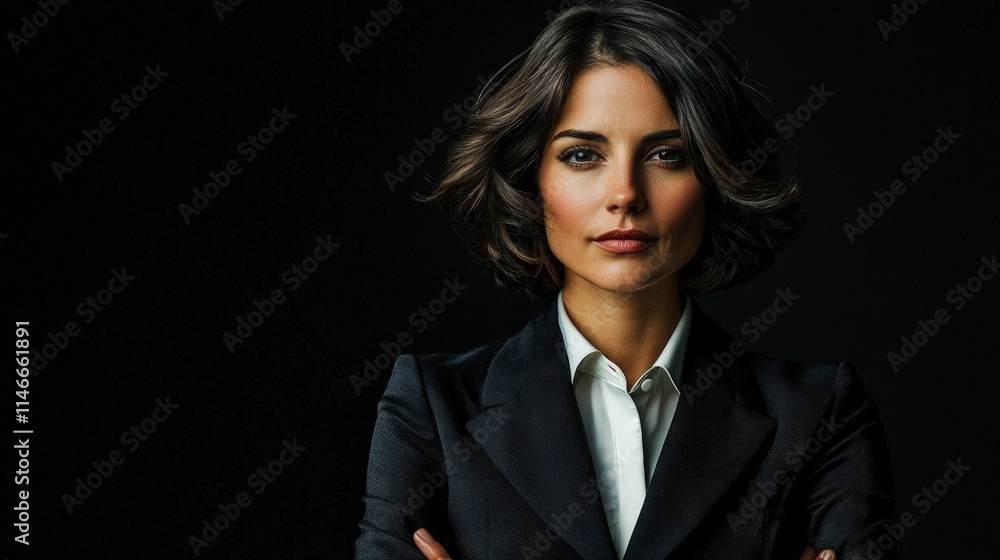 Confident businesswoman portrait against black background.
