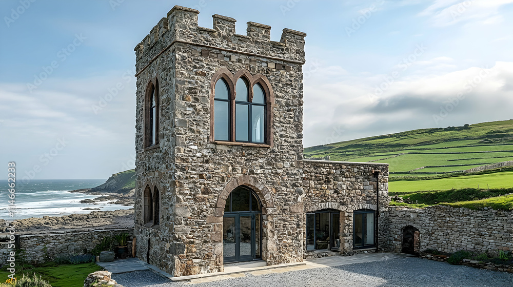 Obraz premium Irish Stone Tower with rolling green hills and wild coastline, historic Celtic structure