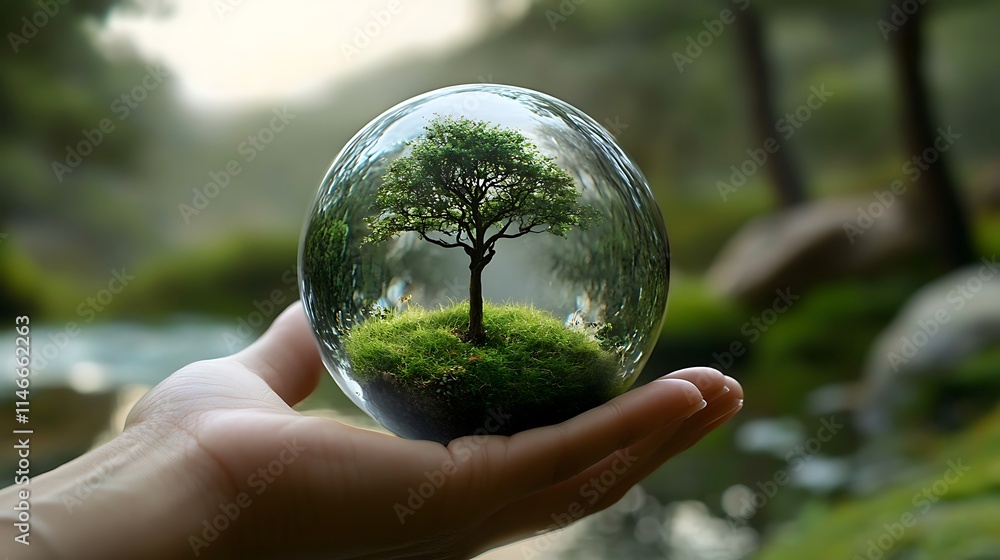 Crystal ball with tree in the forest. Conceptual image for environment conservation