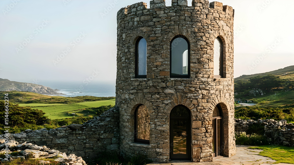 Irish Stone Tower with rolling green hills and wild coastline, historic Celtic structure Irish Stone Tower with rolling green hills and wild coastline, historic Celtic structure