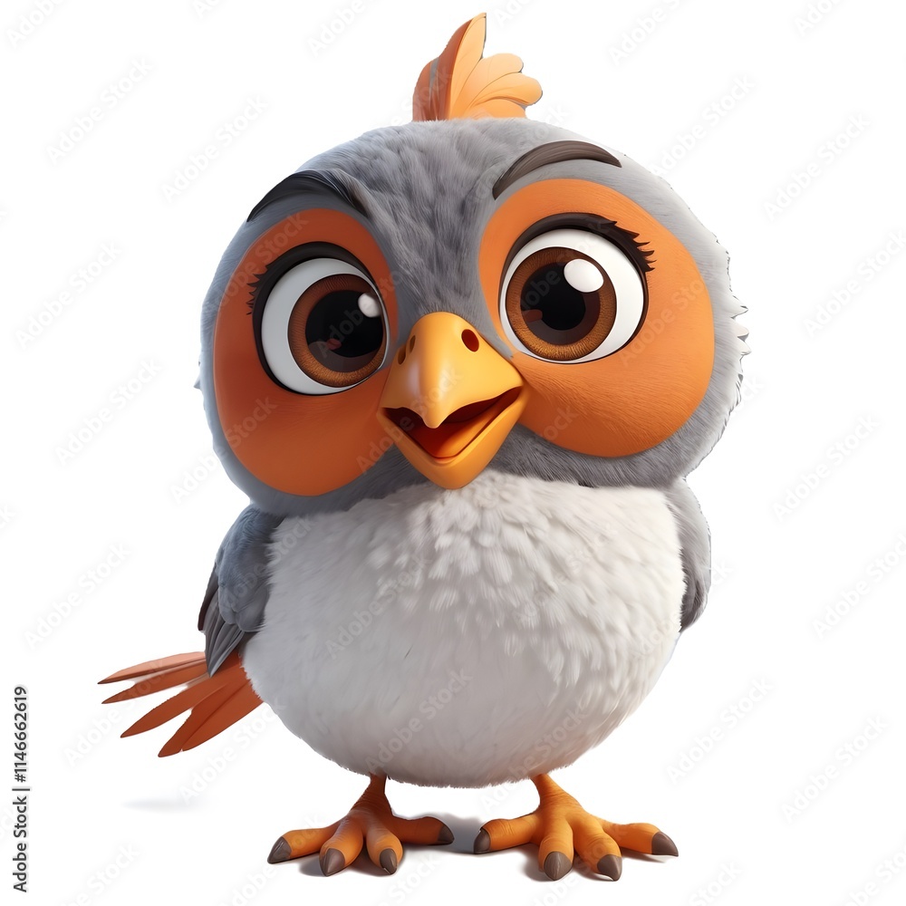 A 3D render of a cartoon bird with large, brown eyes A 3D render of a cartoon bird with large, brown eyes