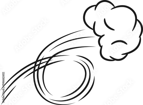 Cartoon representation of a cloud of smoke moving fast, with curved lines behind it, creating a sense of speed and motion, ideal for conveying concepts related to speed, impact, or explosion