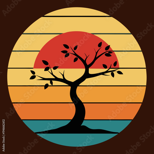 Sunset Summer and plum tree Silhouette on Retro Vintage Background Vector Art Illustration T-shirt Design Art.