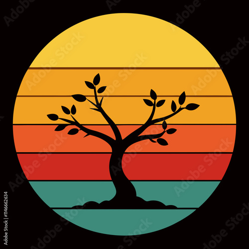 Sunset Summer and plum tree Silhouette on Retro Vintage Background Vector Art Illustration T-shirt Design Art.