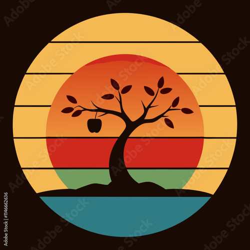 Sunset Summer and plum tree Silhouette on Retro Vintage Background Vector Art Illustration T-shirt Design Art.