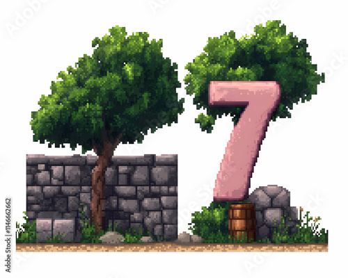 Number seven between two trees near a stone wall and a barrel on a white background, likely for a game design. photo