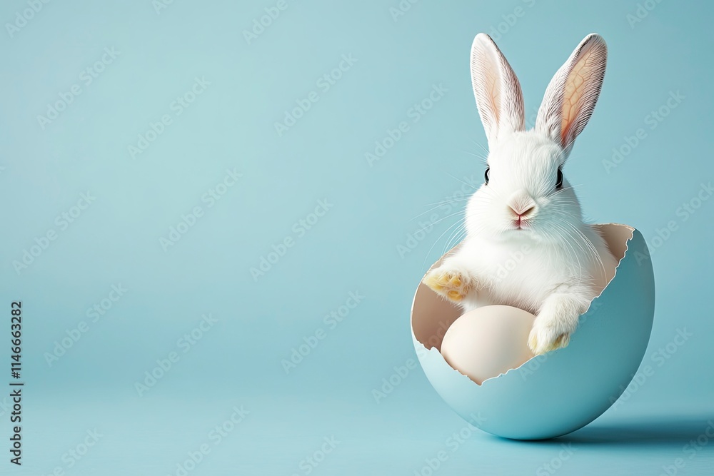 Obraz premium Easter rabbit, cute white bunny coming out of an opened egg on empty pink background with copy space 