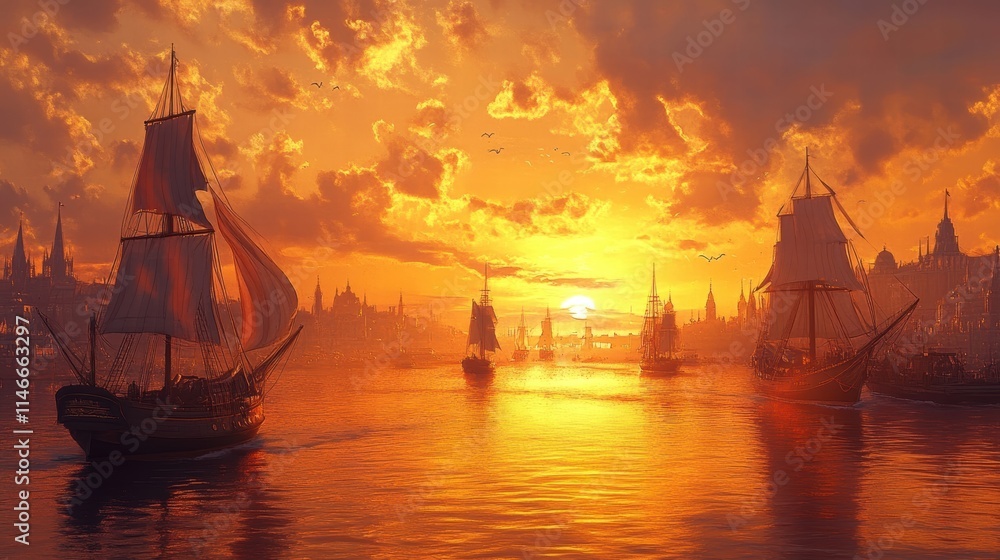 Fototapeta premium golden sunset harbor scene with sailing ships