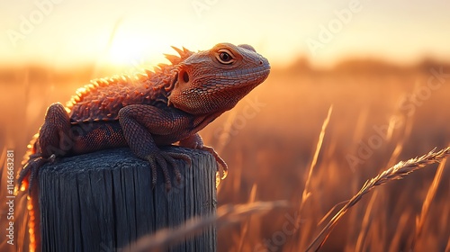 A beautiful, high-definition image of a fence lizard climbing a wooden post, its scales glowing under warm, golden light, captured through a camera. photo