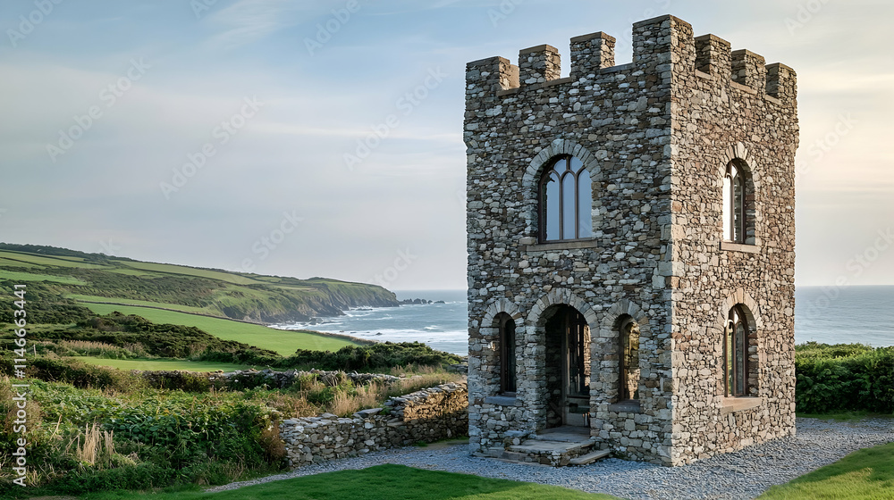 Irish Stone Tower with rolling green hills and wild coastline, historic Celtic structure Irish Stone Tower with rolling green hills and wild coastline, historic Celtic structure