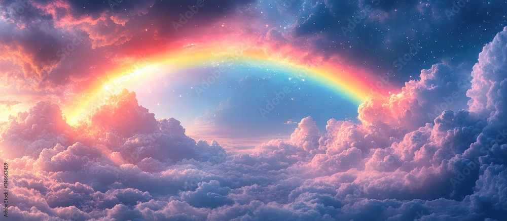 Magical rainbow above fluffy clouds at sunset.