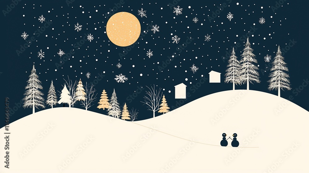 Naklejka premium Snowy winter night scene with snowmen and moon.