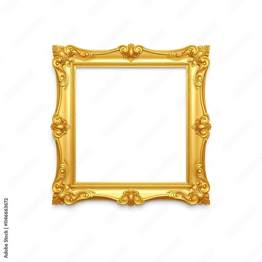An ornate golden picture frame isolated on a white background. The frame is decorated with intricate carvings and has a classic design. It is a very detailed and elegant frame. An ornate golden picture frame isolated on a white background. The frame is decorated with intricate carvings and has a classic design. It is a very detailed and elegant frame.