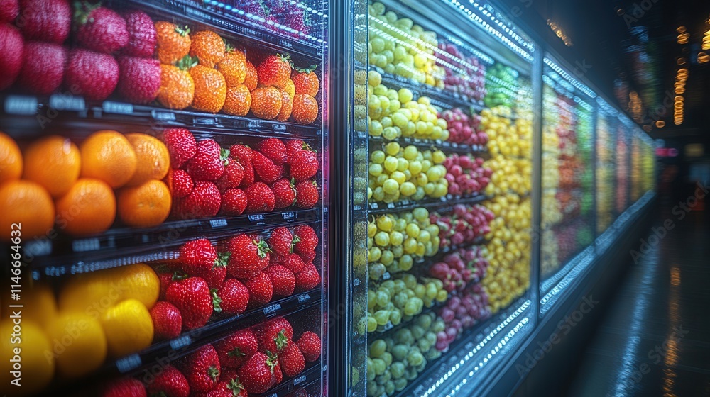 custom made wallpaper toronto digitalA vibrant display of various fruits in a well-lit refrigerated section of a store.