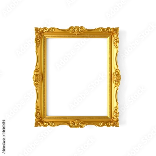 An ornate golden picture frame isolated on a white background. The frame is decorated with intricate carvings and has a classic design. It is a very detailed and elegant frame.