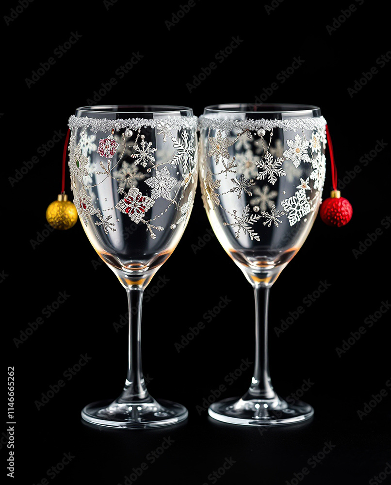 wine glasses, decorated for Christmas. Wishing you a Merry Christmas. wine glasses, decorated for Christmas. Wishing you a Merry Christmas.