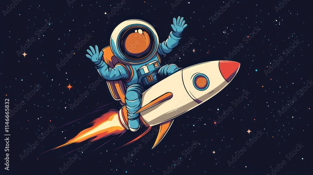 custom made wallpaper toronto digitalA cartoon astronaut joyfully riding a rocket through a starry space background.