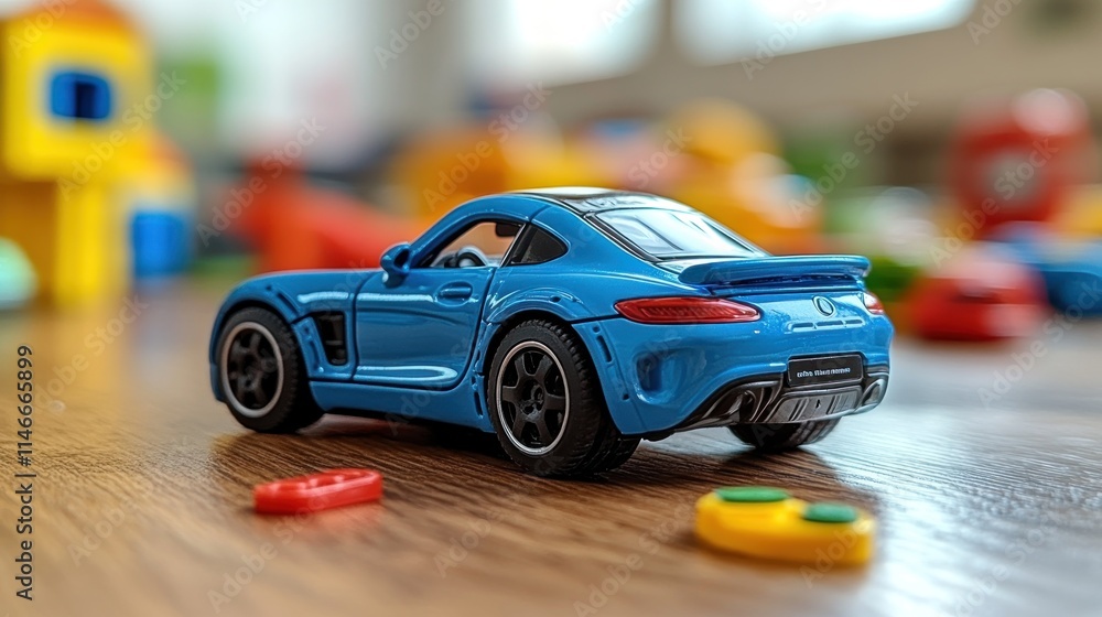 Fototapeta premium Blue toy car on wooden floor.