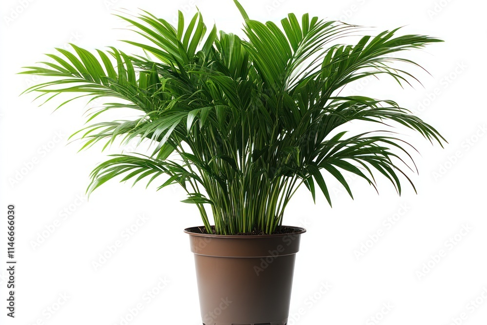Obraz premium Lush green parlor palm in a brown pot against a white background.
