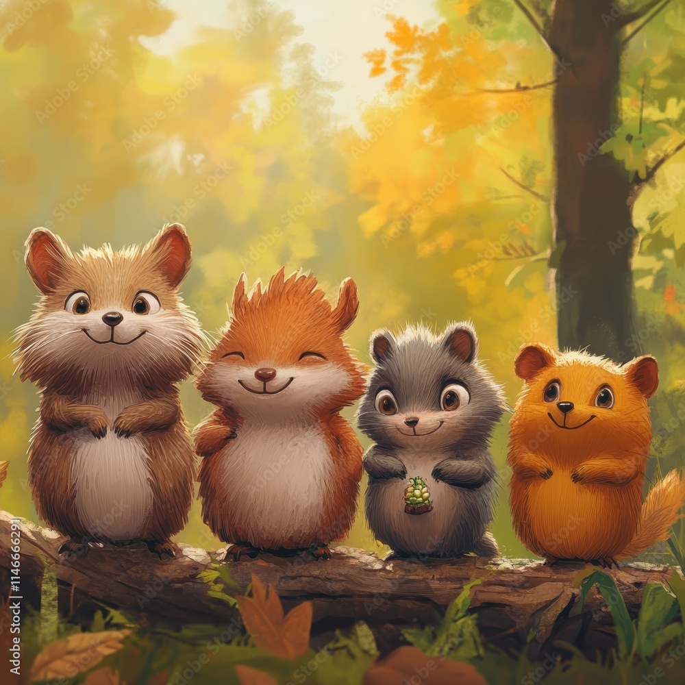 Four Happy Squirrels Sitting On A Log In Autumn Four Happy Squirrels Sitting On A Log In Autumn