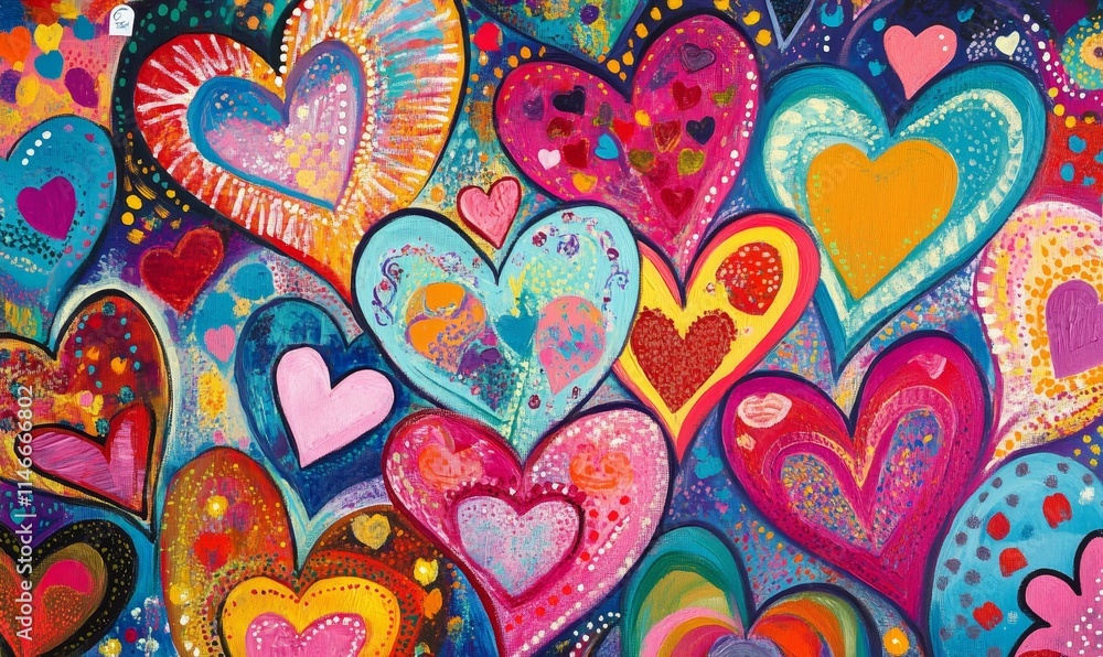 Fototapeta premium Vibrant colorful painting of many hearts.