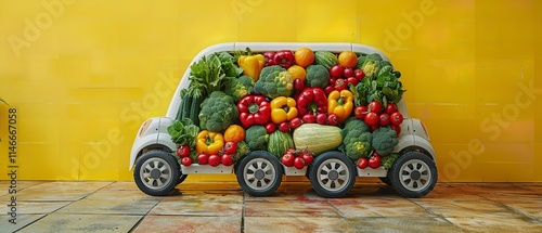 White Robotic Delivery Car with Yellow Background and Fruits and Vegetables Simple Concept Photography, Generative Ai. photo