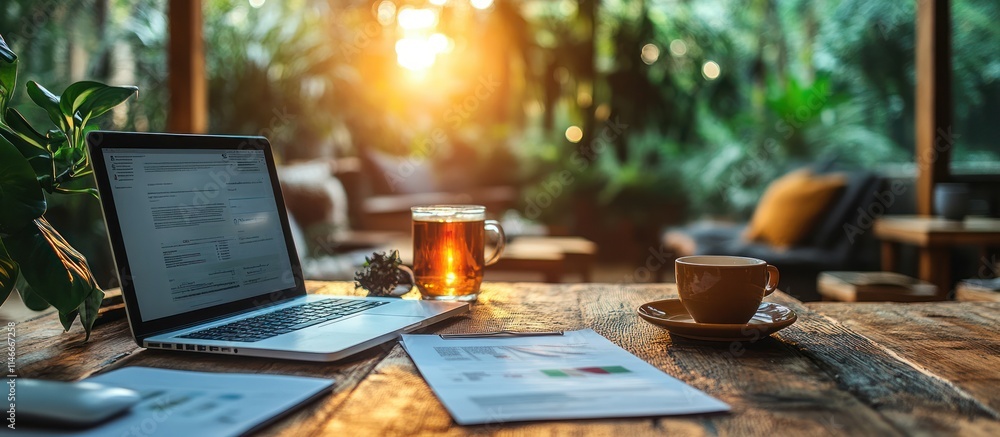 Laptop, documents, tea, and coffee on wooden table outdoors at sunset. Laptop, documents, tea, and coffee on wooden table outdoors at sunset.