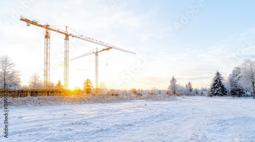 Wallpaper Mural Winter construction site at sunrise with cranes. Torontodigital.ca