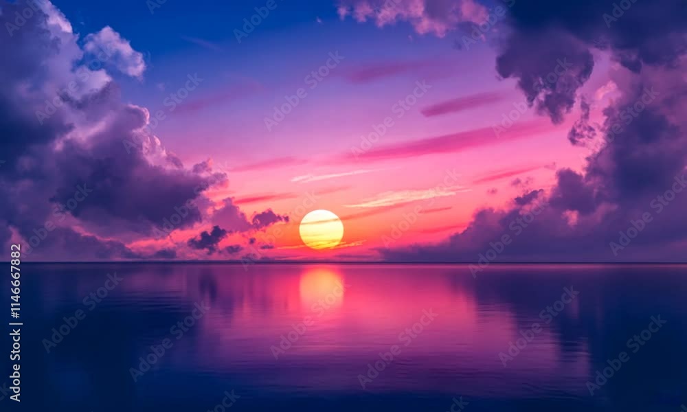 A serene sunset over calm waters, reflecting vibrant colors and soft clouds in the sky. A serene sunset over calm waters, reflecting vibrant colors and soft clouds in the sky.