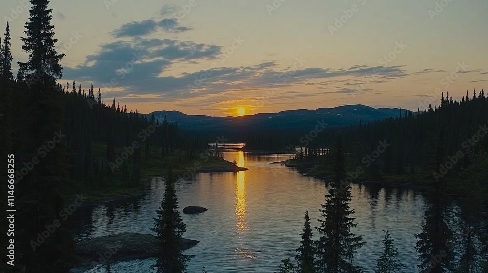 Serene Sunset Over a Northern Lake and Forest