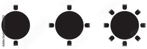 Auditorium seatings plan in round or amphitheater arrangment. Schematic layout of seats in lectorium or meeting, conference or parliament. Desks and chairs icons. Top view. Vector illustration