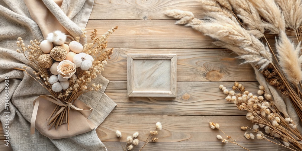 Obraz premium Dried Flowers and a Wooden Frame on a Natural Wood Background