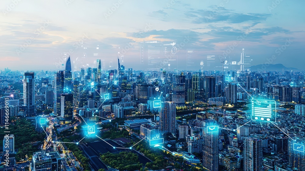 Fototapeta premium Futuristic smart city at dusk with a glowing digital network overlay, showcasing innovation, connectivity, and sustainable urban technology. Perfect for IoT and progress themes.