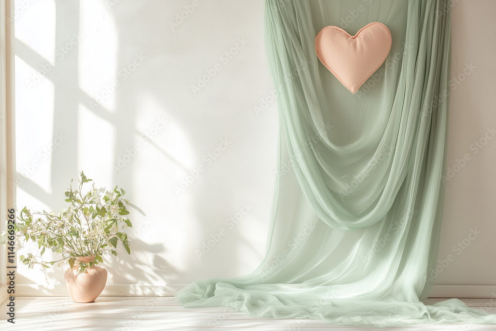 Sage Tulle Curtain Digital Backdrop with Heart Decorations | Photography Studio Backdrop with White Background and Hanging Fabric Design Sage Tulle Curtain Digital Backdrop with Heart Decorations | Photography Studio Backdrop with White Background and Hanging Fabric Design