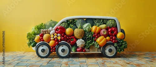 White Robotic Delivery Car with Yellow Background and Fruits and Vegetables Simple Concept Photography, Generative Ai. photo