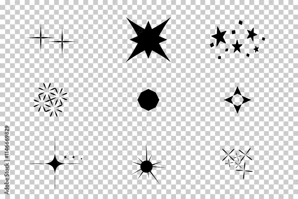 Collection of Black Sparkle and Star Icons - Decorative Silhouettes on Transparent Background Collection of Black Sparkle and Star Icons - Decorative Silhouettes on Transparent Background