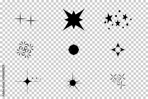 Collection of Black Sparkle and Star Icons - Decorative Silhouettes on Transparent Background