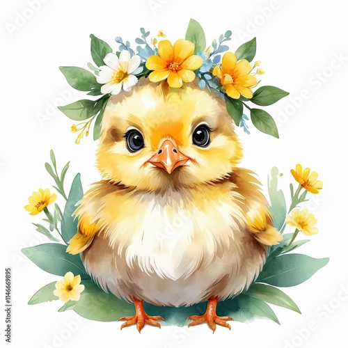 Adorable baby chick wearing a flower crown. Watercolor illustration of a cute fluffy yellow chick surrounded by spring blossoms.