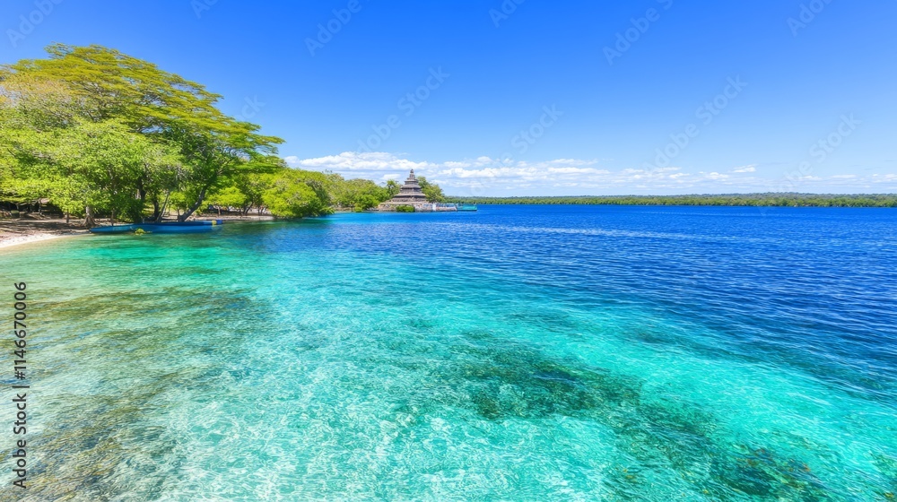 Serene Tropical Lagoon with Tranquil Waters and Island Structure Serene Tropical Lagoon with Tranquil Waters and Island Structure