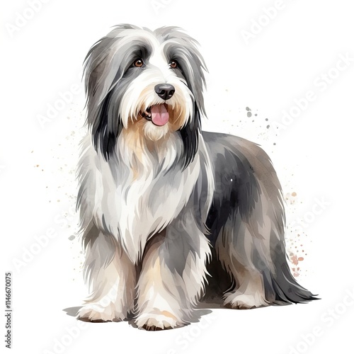 A beautiful Bearded Collie dog, sitting and looking up. The watercolor-style painting showcases the dog's fluffy coat and expressive eyes. A perfect image for pet lovers and art enthusiasts. photo