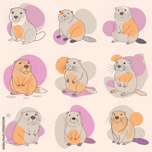 Funny Beaver Character in Different Actions Big Vector Set flat cartoon design illustration