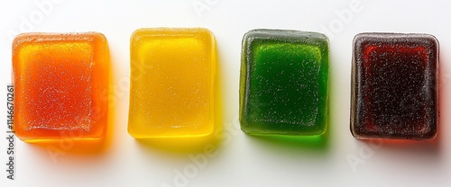 Four colorful square candies on white background. photo