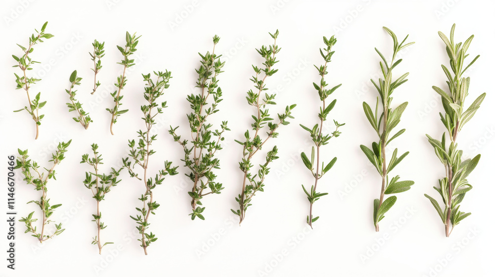 A variety of fresh herbs displayed in a row, showcasing different types and sizes, ideal for culinary use or decoration. A variety of fresh herbs displayed in a row, showcasing different types and sizes, ideal for culinary use or decoration.