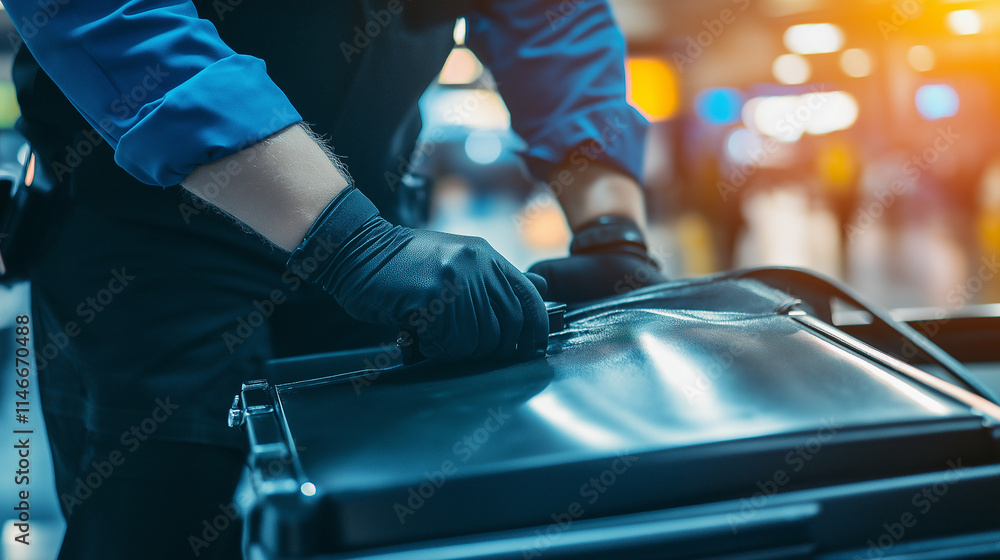 a security officer's hands using a metal detector to scan a traveler's luggage, with the airport terminal in soft focus behind. a security officer's hands using a metal detector to scan a traveler's luggage, with the airport terminal in soft focus behind.