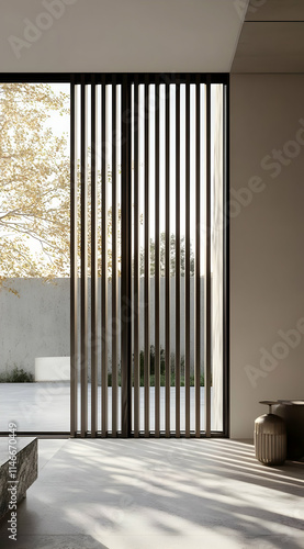 Modern interior with vertical blinds and a view of a serene outdoor space.