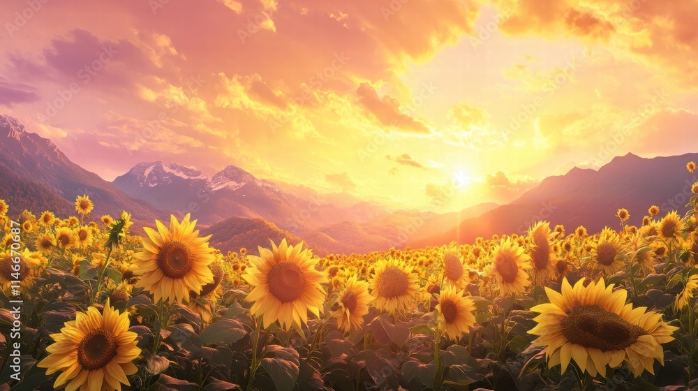 Fototapeta premium sunflowers at sunset in the mountains