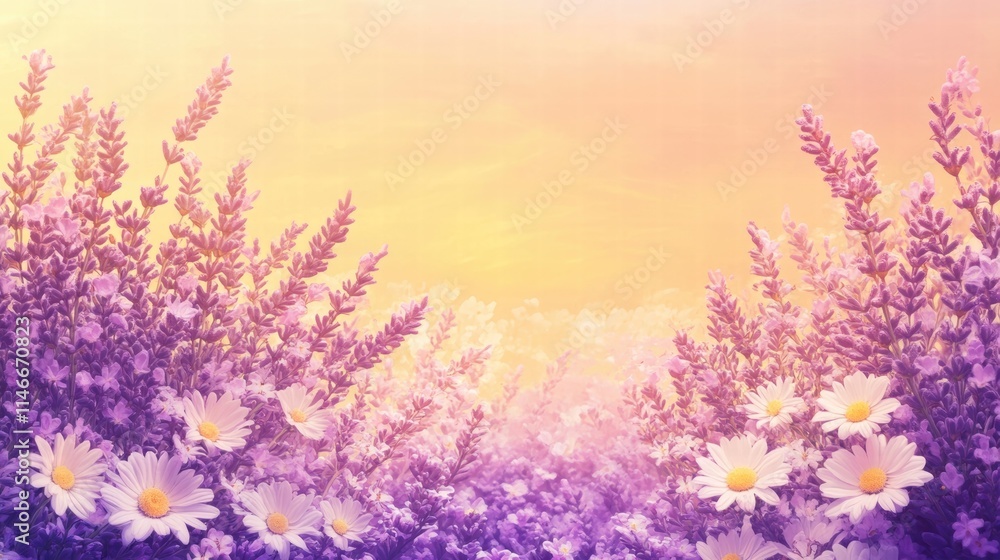 Naklejka premium lavender and daisy field at sunset